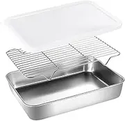 CHICAMPERA 1Set Stainless Steel Kitchen Prep Tray with Rack Deep Food Storage Container for Oil Straining with Fresh Cover for Grilling Baking