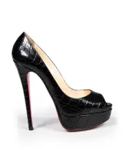 Black Leather Croc Lady Peep Heels