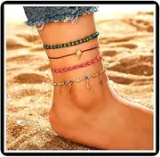 [Faruodis] Crystal Star Beads Anklet Bracelet 4Pcs Boho Braided Rope Rhinestone Foot Chain Beach Jewelry for Women