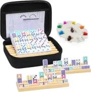 Mexican Train Dominoes Set with 4 Wooden Trays/Racks, Double 12 Dominos...