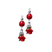 Earrings red lampwork flower and pearl drop, choose clip on or pierced