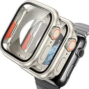 [AOKUTDA] 2Pack Case with 45 mm Screen Protector for Apple Watch Series 9 8 7 45mm (Looks Like Ultra&Ultra2) 360 Scratch Resistant Glass Protective Cover + Back Frame+Crown,Starlight