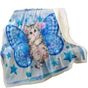 Cute Kitten Designs Blue Butterfly Kitty Cat Throw Blanket