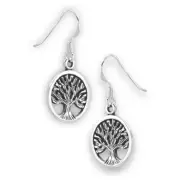 Branch Tree of Life Dangle 925 Sterling Silver Oval Wood Grain Oxidized Earrings