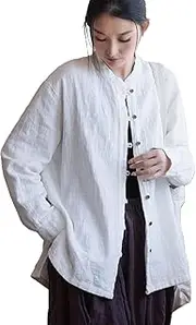 [CORETIC] Women's Cotton Linen Shirts Retro Mandarin Collar Chinese Frog Button Split High Low Hem Long Sleeve Top Blouse