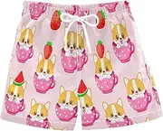 [RPLIFE] Boys Beach Shorts, Anti Chafe Swim Trunks for Boys 2 T, Cute Cartoon Puppies Strawberries