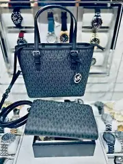 Michael Kors Jet Set Travel XS Carryall Top Zip Tote + Double Zip Wallet (Black)