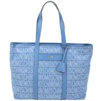 在飛比找Yahoo奇摩購物中心優惠-MOSCHINO 字母緹花布拼牛皮附吊飾肩背托特包(藍色)