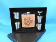 Firefighter 6oz Leather Flask Set - New