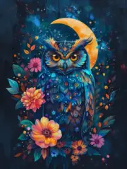 5D Diamond Painting Crescent Moon Owl in Flowers Kit