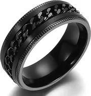 [Adreamz] 8mm Black Blue Stainless Steel Spinner Anxiety Ring for Men Women Brushed Mens Anxiety Relieving Fidget Rings Chain/Greek Key/Viking Runes/Gear Pattern Center Spinner Ring Wedding Comfort Fit