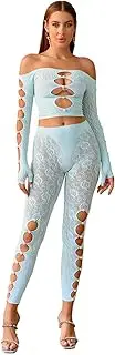 [Tender Whisper] Women's Fishnet Set Lace Pearl Bodystocking Party Dress Stretchy Strapless Top & Tights Sexy Clubwear