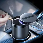 Smart Car Ashtray with Lid Smell Proof, Small Car Ashtray with Slide Lids, Automatic Opening and Closing Small Car Ashtray with LED Light, Multifunction Mini Trash Can for Car, Office (Dark Gray)