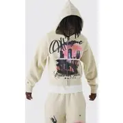 Mens Stone Shrunken Distressed Graphic Zip Through Brushback Hoodie