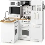 HONEY JOY Kids Corner Kitchen Playset, Wooden Pretend Playset w/Realistic Washing Machine, Microwave Oven, Induction Cooker, Refrigerator, Storage Cabinet, 3 Hanging Hooks, Telephone, Utensils