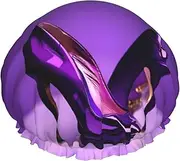 Elegant Purple High Heels With Lipstick Print Shower Cap For Women Men Reusable Lightweight Soft Bath Hair Cap With Elastic Band
