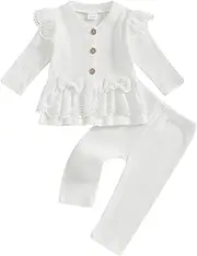 [MAHUAOYIXI] Toddler Baby Girls Outfits Lace Ribbed Ruffle Long Sleeve Bowknot Shirt Top with Elastic Waist Pants 2Pcs Set Baby Clothes for Girls