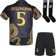 Hawkara R. Madrid Bellingham #5 Children's Football Jersey, Special Gold Dragon Edition, Shorts Socks, Youth Sizes (Black, 24)