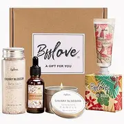 Bath and Body Gift Set, Cherry Blossom Spa Gift Box for Women, Selection 5Pc Spa Womens Gift Sets Includes Bath Salt, Hand Cream, Soap, Massage Oil, Scented Candle. Great Gift Ideas for Women