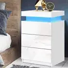 LED Light Bedside Table 3 Drawers Nightstand Storage UV High Gloss Cabinet White