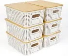 6 PCS Storage Bins with Bamboo Lids Plastic Baskets Plastic Storage Containers f