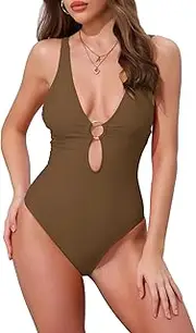 [Elerevyo] Women's O Ring Cut Out Deep V Monokini Bikini, 1 Piece Tummy Control Swimwear Bathing Suit