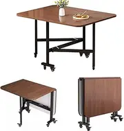 Folding Drop Leaf Dining Table, Extendable Dining Table with Moveable Wheels,120x70x75cm Extending, Round Edge Design, Painted Solid Steel Tube Legs, for Space Saving Living Room, Kitchen Dining Room