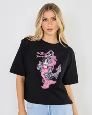 [The Mad Hueys] The Mad Hueys Women's Seahorse Anchor Boxy T-Shirt in Black Size Small S Black