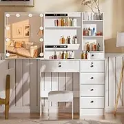 Umeiga White Table, Makeup Vanity Desk with Lights and Mirror, Bedroom Desk and Chair for Girls and Women