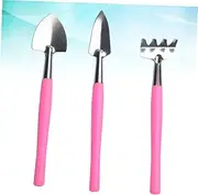 1Set Garden Tool Iron Shovel Rake with Skid Handle for Planting Flowerpot Care Portable Pink Gardening Kit