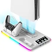 Aceshop PS5/PS5 Slim Stand, Vertical PS5/PS5 Slim Fan Stand Cooling Station PS5/PS5 Slim Stand with Dual Controller Charge, Extra 3 USB Ports, Headset Holder (Disc & Digital Editions)