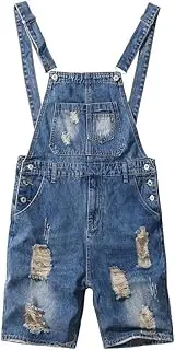 [Sokotoo] Men's Slim Ripped Blue Denim Bib Overalls Shorts