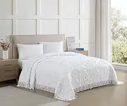 Beatrice Home Fashions King, White, Lotus Medallion 100% Cotton Chenille Bedspread, Soft, Cozy, Lightweight, Fringe