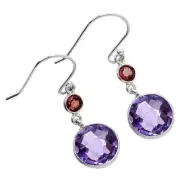 Premium Amethyst Checker Briolette & Garnet 925 Silver Earrings Jewelry E-1002