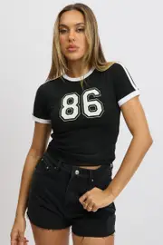 Black Graphic Tee Short Sleeve Contrast Binding - Size XXS, Women's Graphic Tee