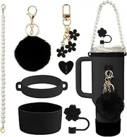 7Pcs Black Stanley Cup Accessories Set - Water Bottle Handle Strap, Silicone Flower Straw Topper, Silicone Cup Boot, Pompom and Flower Charms for Water Bottle Tumbler 20oz 30oz 40oz