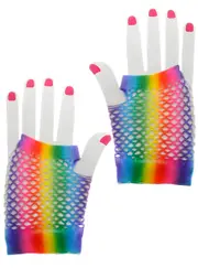 Rainbow Fingerless Adults Short Fishnet Gloves