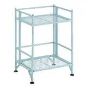 Pemberly Row Two-Tier Folding Metal Shelf with Seafoam Blue Metal Frame