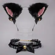 Cat Ears Headband Necklace with Bell Lovely Furry Kitten Headwear Lace Collar Set Headband Accessory for Festival Cosplay Detachable Cat Ear Carnival Lolita H