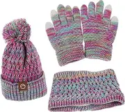 [GLSTOY] Boys Girls Winter Hat Gloves Scarf Set Boys and Girls Toddler Knitted Beanie Mittens Warm Outdoor Kit Violet