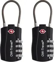 OW-Travel New TSA Approved Luggage Locks (2 Pack) 4 Digit Heavy Duty Zinc Alloy Security Cable Padlock, Combination Padlocks, Code Lock for Suitcase, Zipper, Luggage, Bag, Case, Gym Locker (Black)