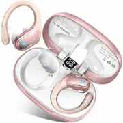 Wireless Earbud Bluetooth 5.4 Headphones Earbuds Deep Bass Noise Cancelling Mic,Over Ear Bud with Sport Earhooks Waterproof for Workout Running,Rose Gold