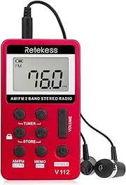 Retekess V112 AM FM Portable Pocket Radio Digital Tuning Stereo Volume with Earphone Rechargeable Battery for Walking Gym (Red)