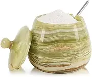 Marble Salt Cellar with Lid 4.5 Inch handmade Green Onyx Natural Stone Salt Jar for Kitchen, Herb & Spice Storage Container, Countertop Sugar Bowl, Elegant Marble Canister