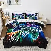 Aimuan Gamer Gaming Bedding Sets 3D Gamepad Comforter Sets for Boys Games Console Action Buttons Novelty Colorful Game Controller Modern Room Decor Home Quilt Set (Black-Green, Full 6Pcs)