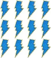 SaktopDeco 12 PCS Blue Lightning Patch Gold Edges Lightning Bolt Patch Chenille Iron On Patch Sew On Patch for DIY Hats Bags Jackets