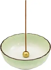 Asayu Japanese Lotus Incense Holder for Sticks 4.1 inch (105mm), Traditional Made in Japan Ceramic Ash Catcher and Brass Incense Burner Set - Light Green