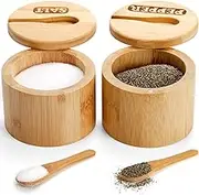 Lawei 2 Pack Bamboo Salt and Pepper Bowls, Round Salt Container with Magnetic Swivel Lids and Spoons, Bamboo Salt Cellars, Seasoning Storage Holder Box for Salt, Pepper, Sugar, Spice