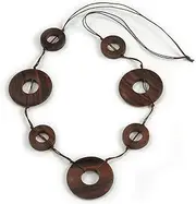 [Avalaya] Long Geometric Wooden Bead Cotton Cord Necklace in Brown - 80cm Long, cords Wood