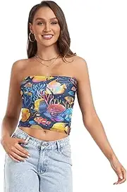 [RPLIFE] Vibrant Corals Fish Blue Crop Tube Top, Strapless Going Out Top, Mesh Tube Tops, Trendy Crop Tops (S)